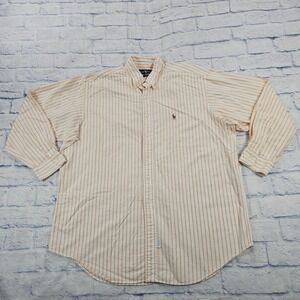 Ralph Lauren Button Shirt MENS 17 34 Orange Striped Yarmouth Cotton Oxford VTG
